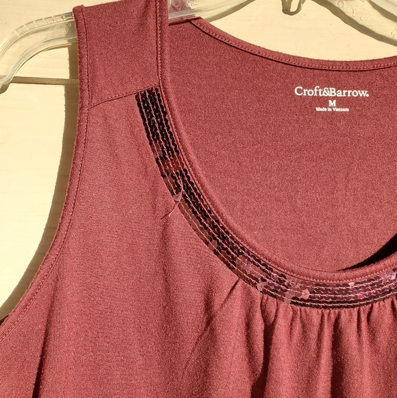 croft & barrow Red Burgundy Wine Pleated Sequined Neckline Festive Tank Top - Picture 10 of 13
